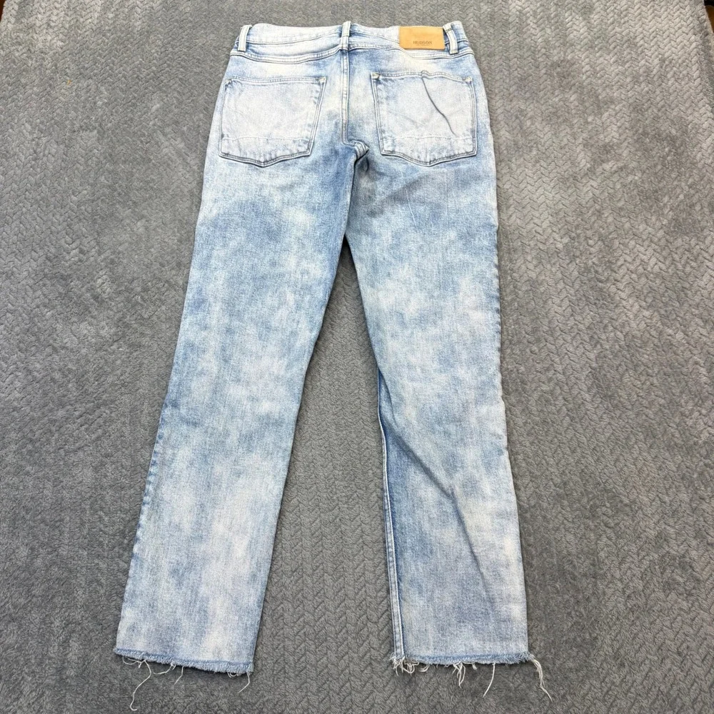 Hudson Jeans Mens 32x28 Distressed Light Wash Blue Denim Button Fly Raw Hem Moto